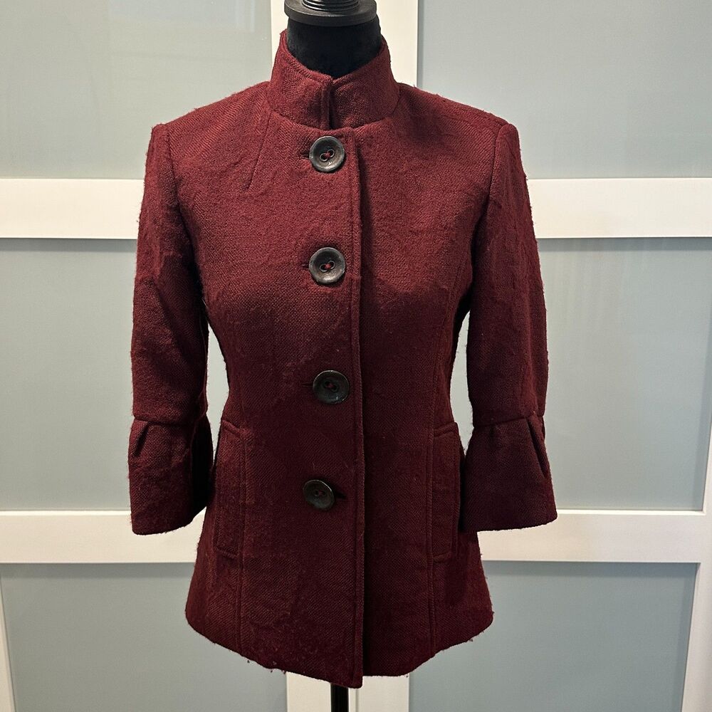 Vintage 100% Virgin Wool Burgundy Pea Coat Bell Sleeve Jacket Size 4